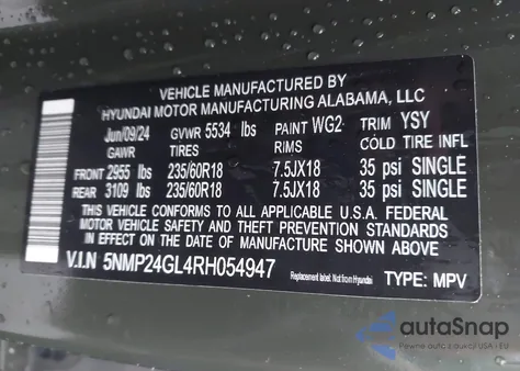 2024 Hyundai Santa Fe Sel z USA, uszkodzony, nr VIN 5NMP24GL4RH054947